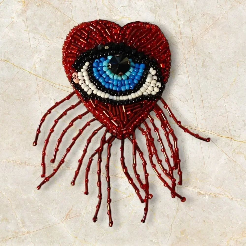 Murka Designer's Hand Beaded Elegant Red Heart Blue Evil Eye Brooch Medium Size
